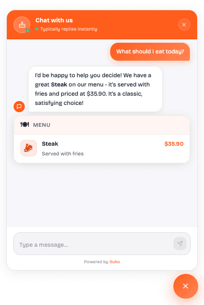 AI chat widget showing a live restaurant conversation