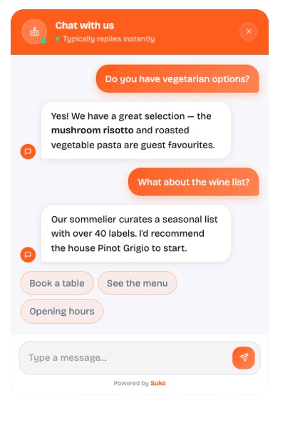 AI chat widget showing a live restaurant conversation