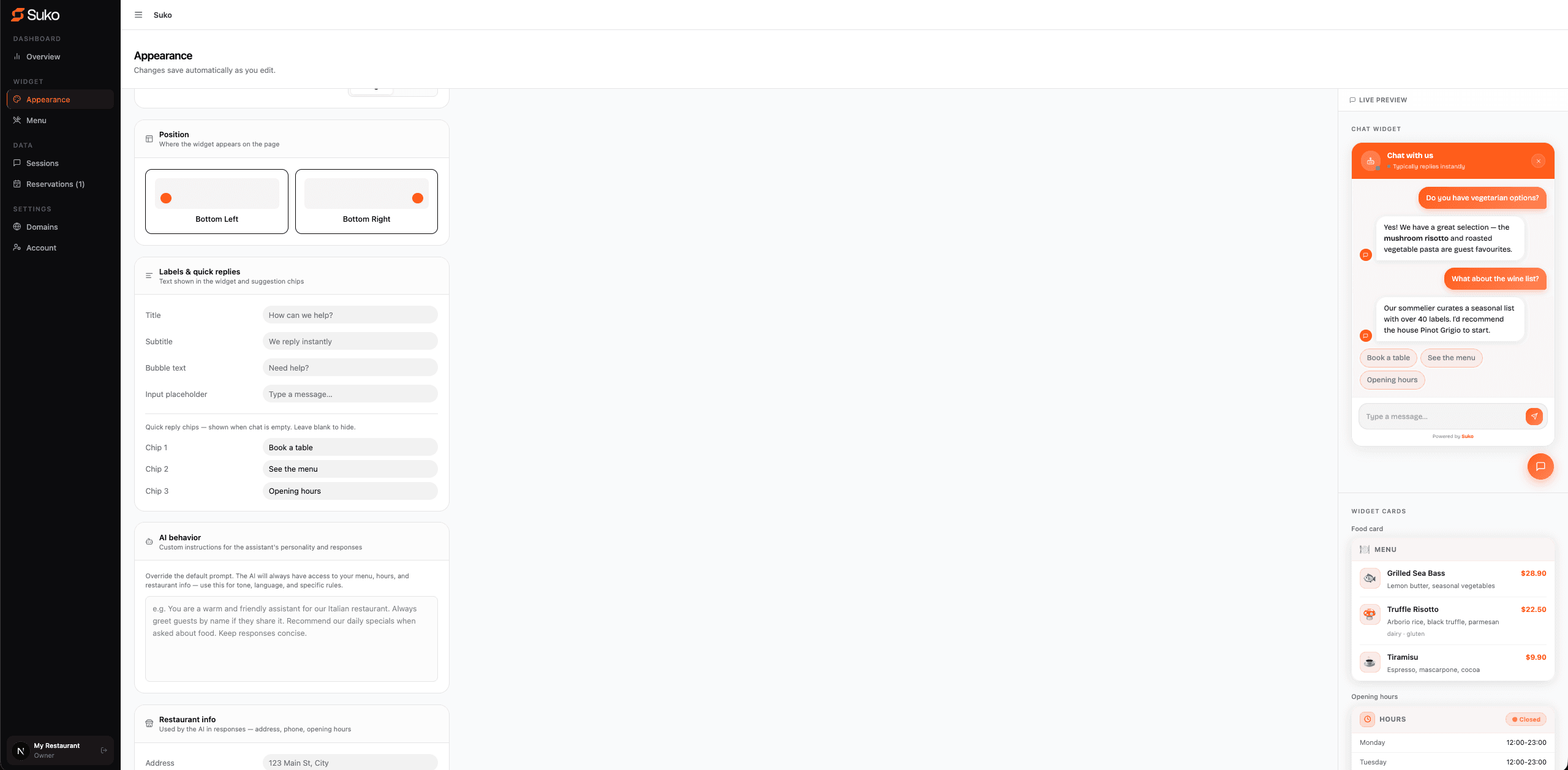 Owner dashboard with appearance settings and live widget preview
