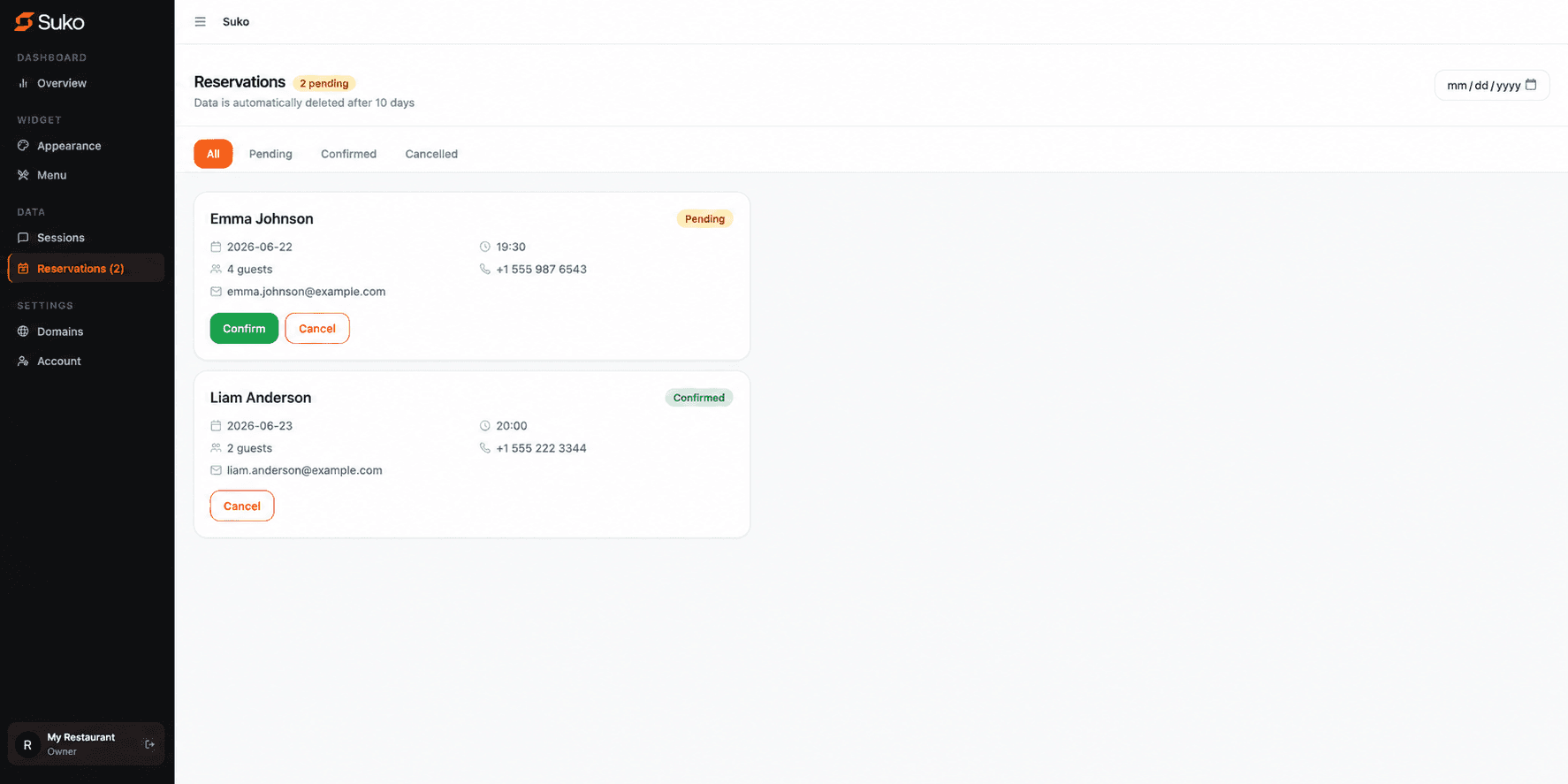 Reservations dashboard showing pending and confirmed bookings